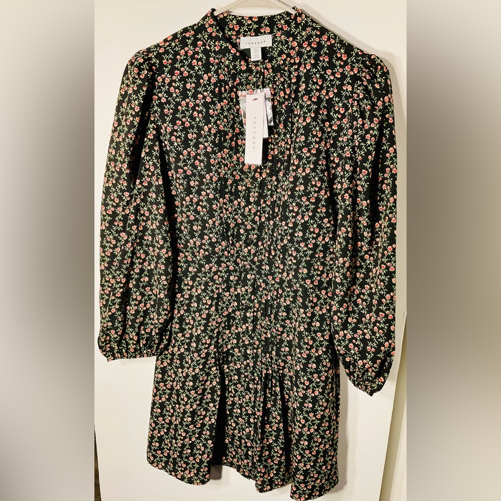 Topshop Blck Mini Dress with Floral Print ND puff Sleeves . - Picture 7 of 7